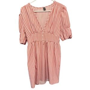 Shein Gingham Dress V-Neck Babydoll Medium Puff Sleeve‎ Casual Mini Dress